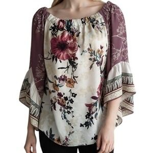 WHITE HOUSE‎ BLACK MARKET Floral On/Off Shoulder Belled Sleeve Satin Top Size MP